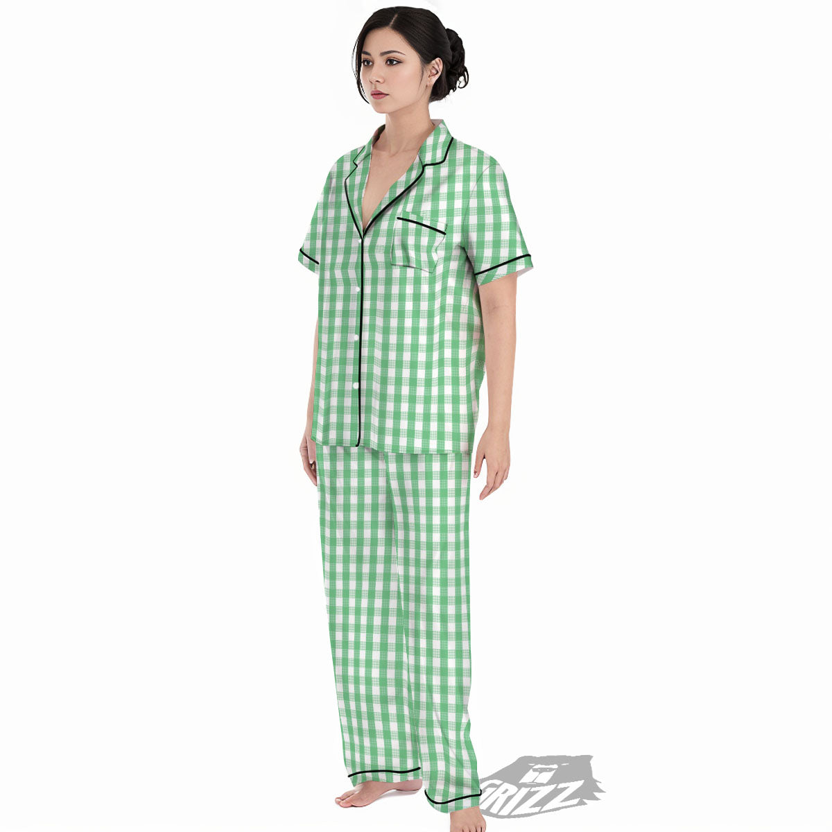 Gingham White And Green Print Pattern Women's Pajamas Set-grizzshop