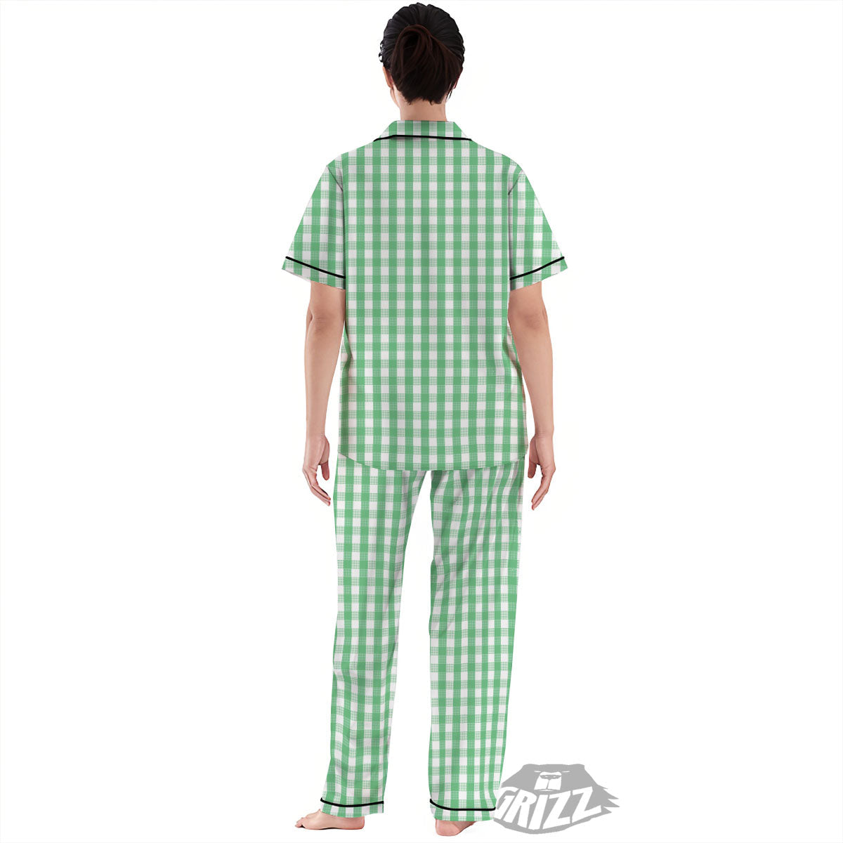 Gingham White And Green Print Pattern Women's Pajamas Set-grizzshop