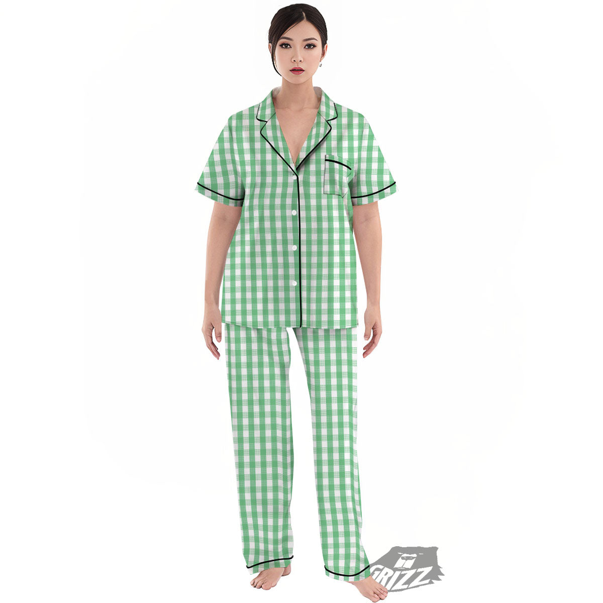 Gingham White And Green Print Pattern Women's Pajamas Set-grizzshop