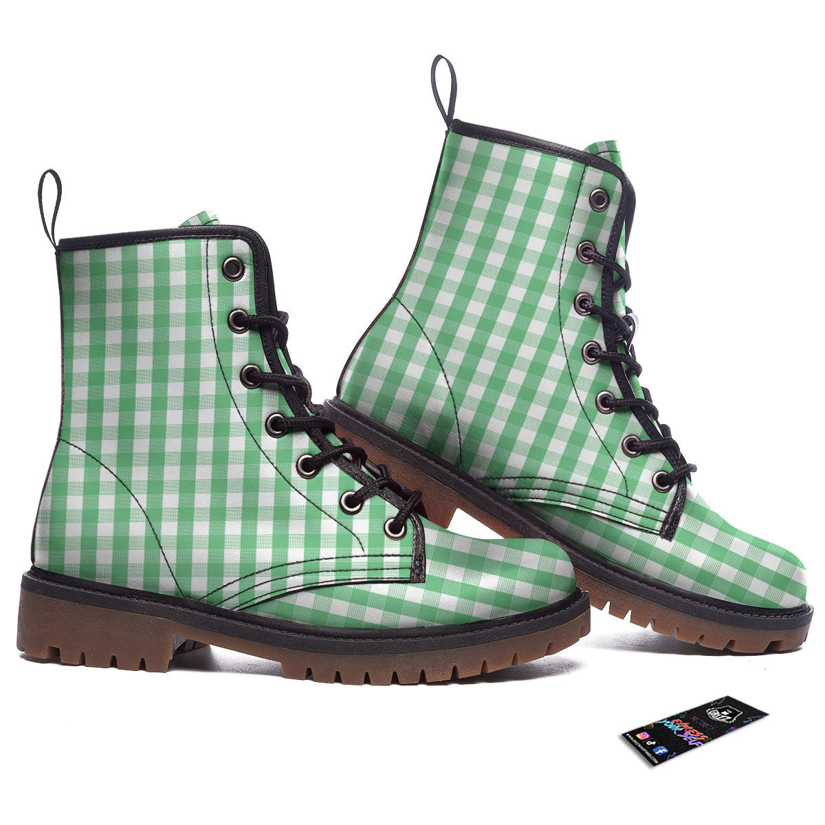 Gingham White And Green Print Pattern Work Boots-grizzshop