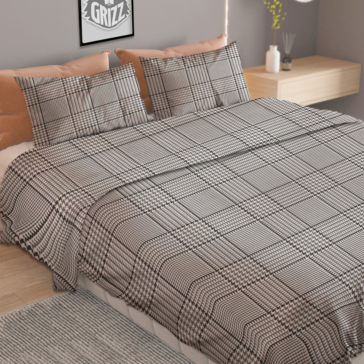 Gingham White And Grey Print Pattern Duvet Cover Bedding Set