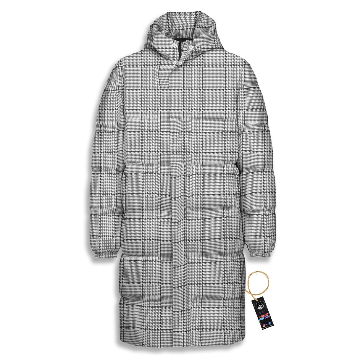Gingham White And Grey Print Pattern Long Down Jacket-grizzshop