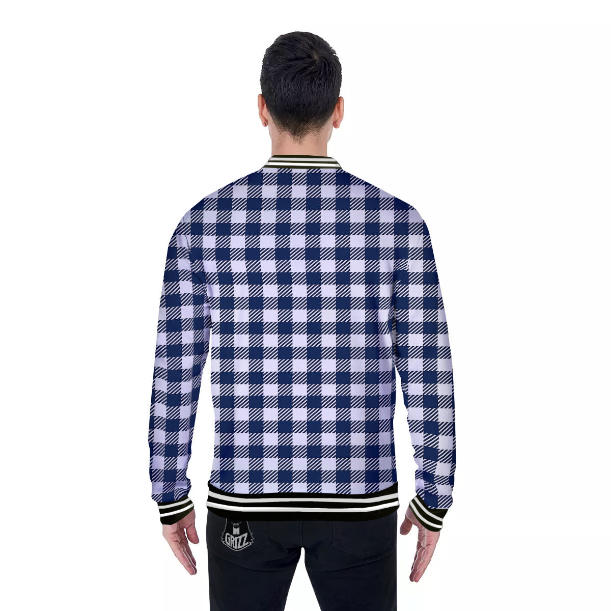 Gingham White And Navy Print Pattern Baseball Jacket-grizzshop