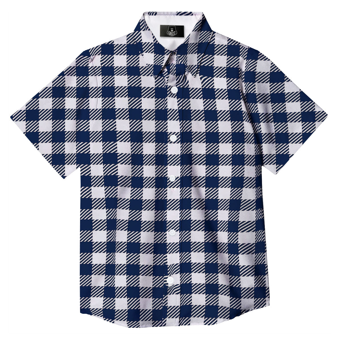 Gingham White And Navy Print Pattern Button Up Shirt-grizzshop