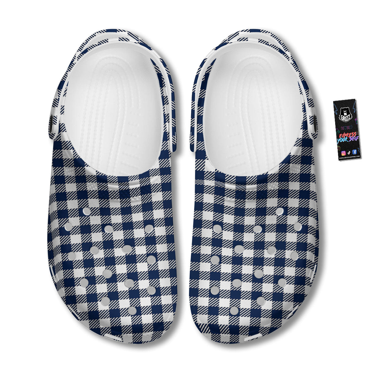 Gingham White And Navy Print Pattern Clog-grizzshop