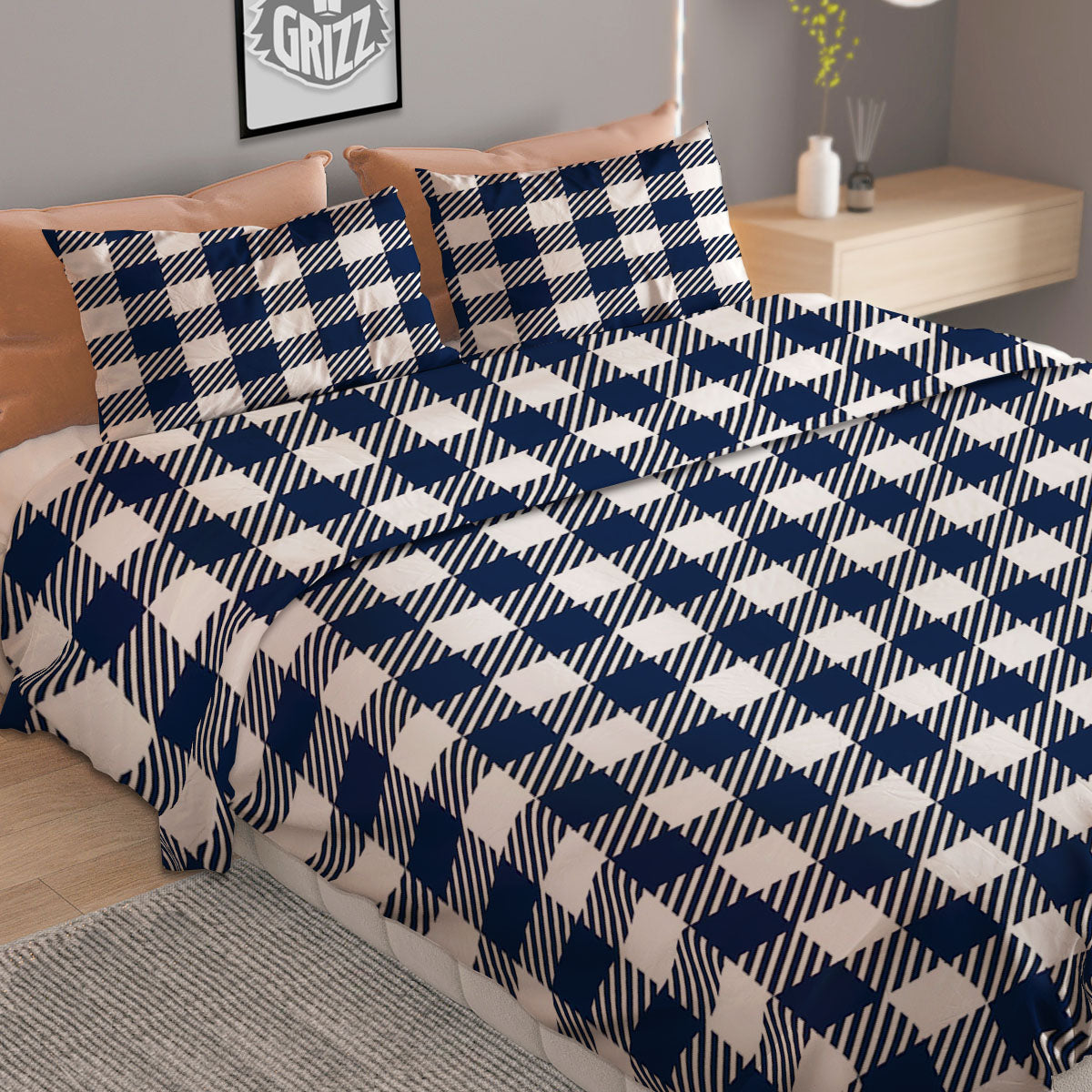 Gingham White And Navy Print Pattern Duvet Cover Bedding Set
