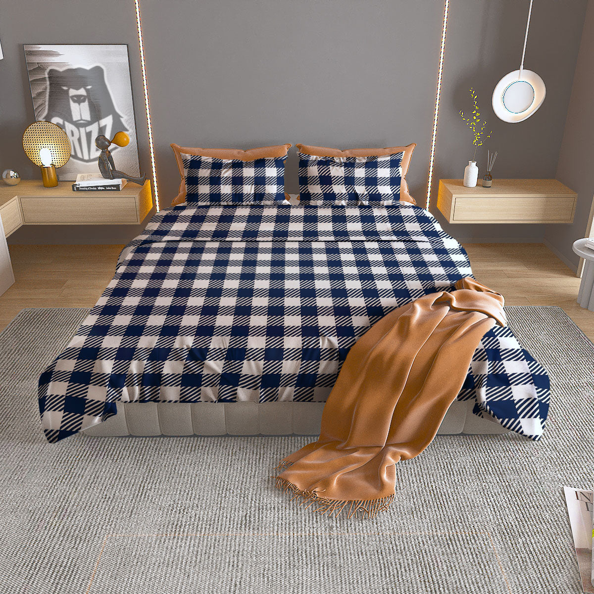 Gingham White And Navy Print Pattern Duvet Cover Bedding Set