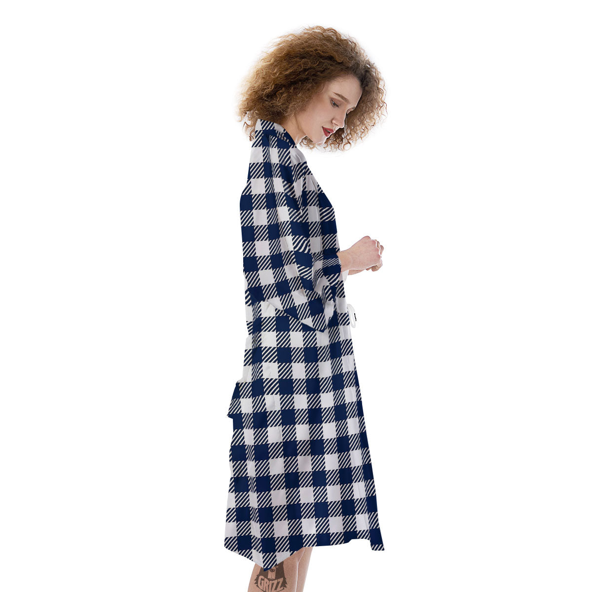 Gingham White And Navy Print Pattern Kimono-grizzshop