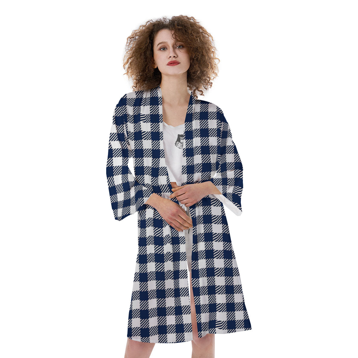 Gingham White And Navy Print Pattern Kimono-grizzshop