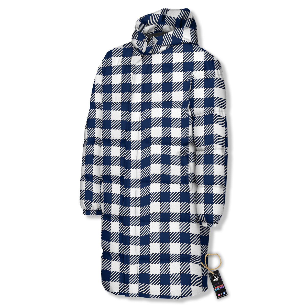 Gingham White And Navy Print Pattern Long Down Jacket-grizzshop