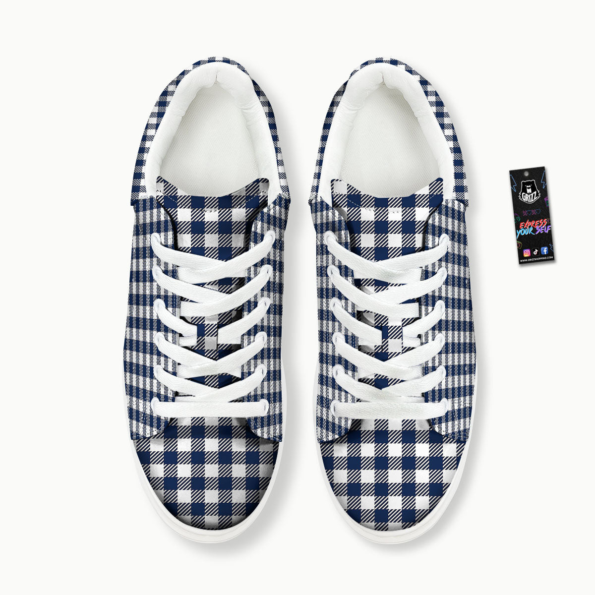 Gingham White And Navy Print Pattern Platform Shoes-grizzshop