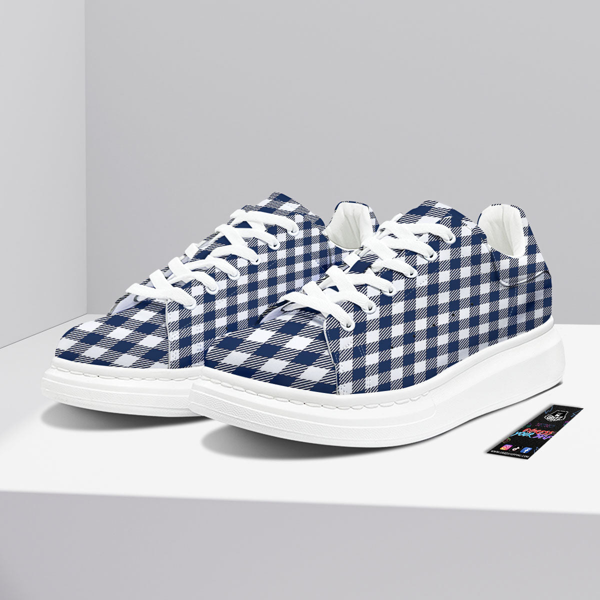 Gingham White And Navy Print Pattern Platform Shoes-grizzshop