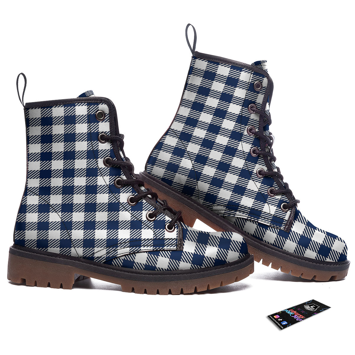Gingham White And Navy Print Pattern Work Boots-grizzshop