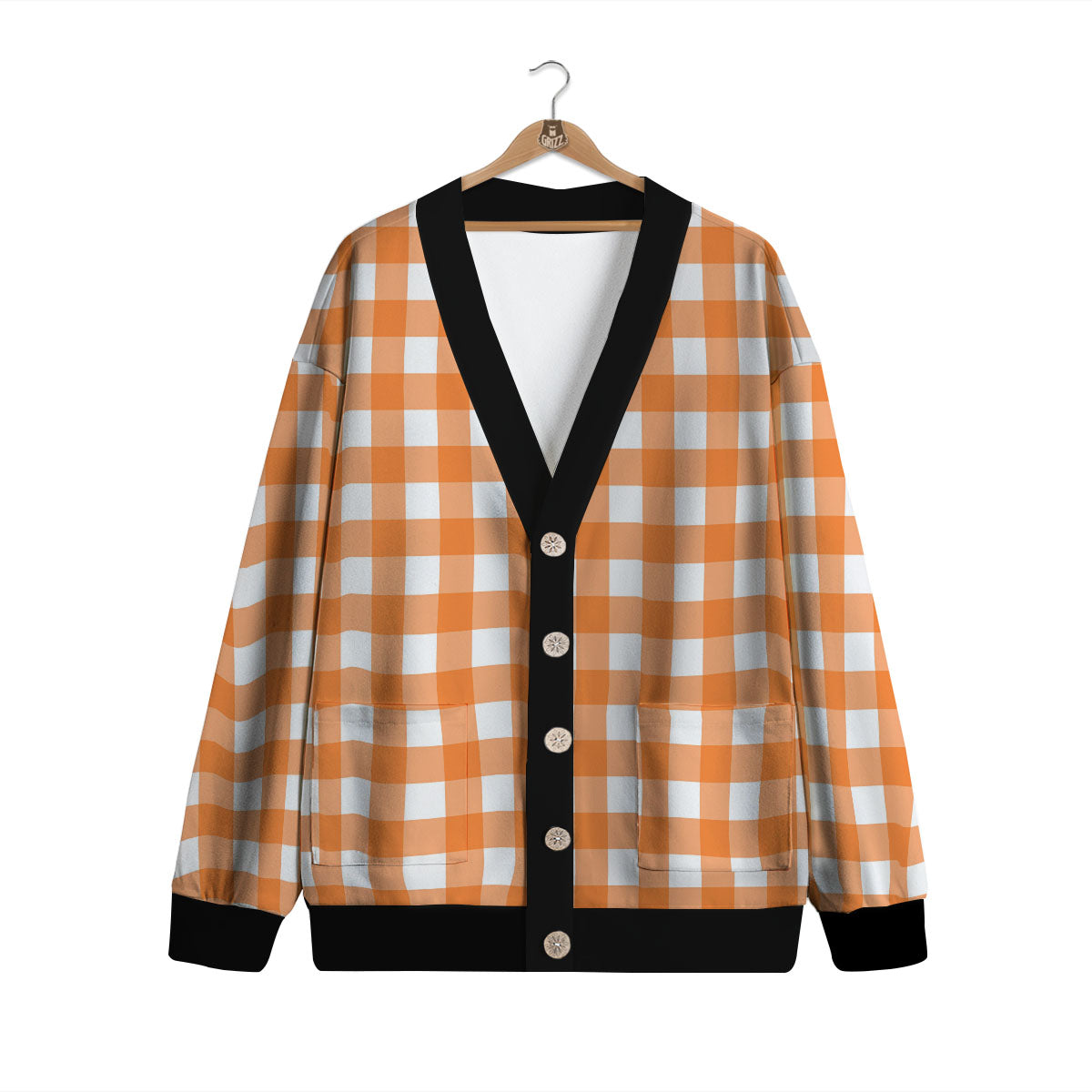 Gingham White And Orange Print Pattern Cardigan-grizzshop