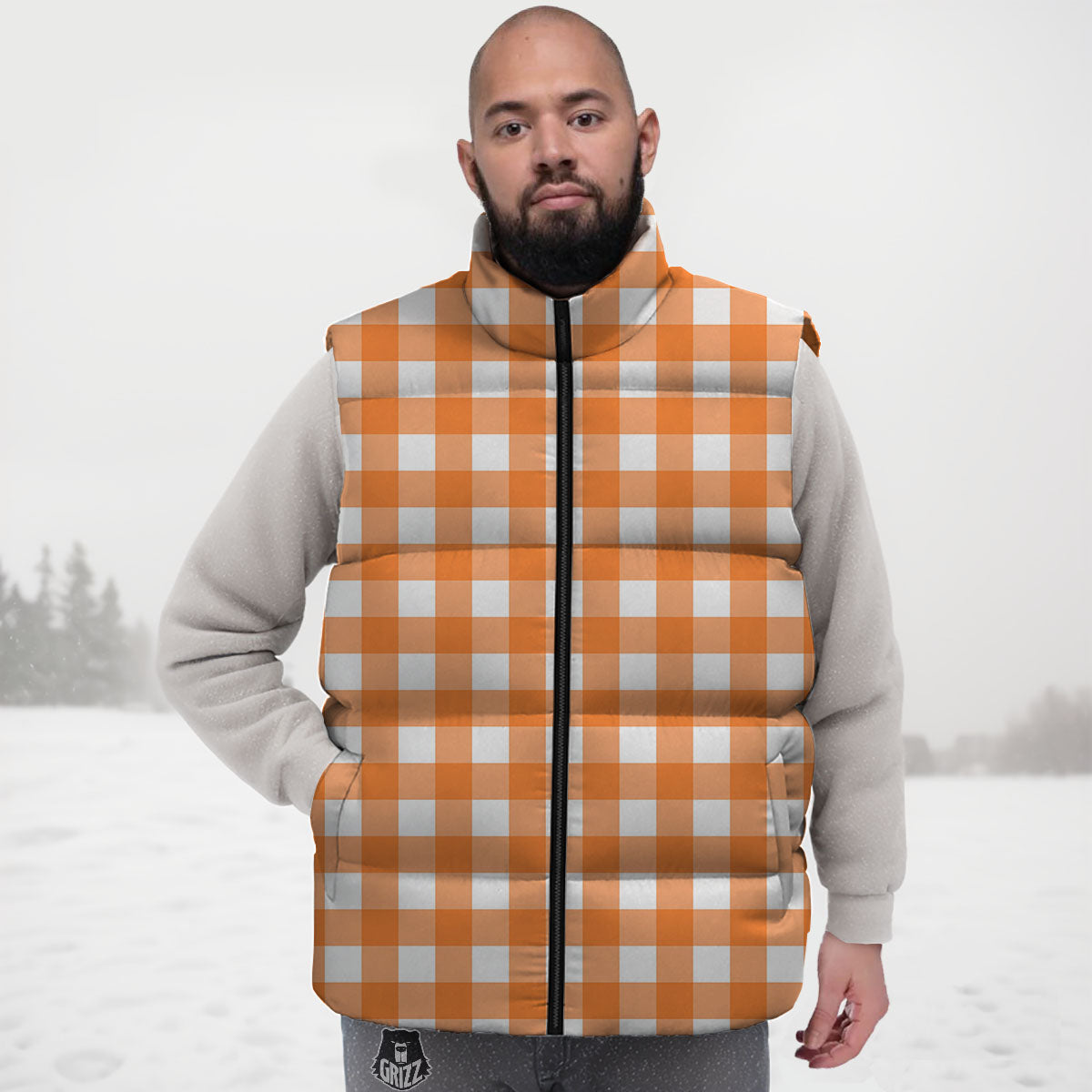 Gingham White And Orange Print Pattern Down Vest-grizzshop