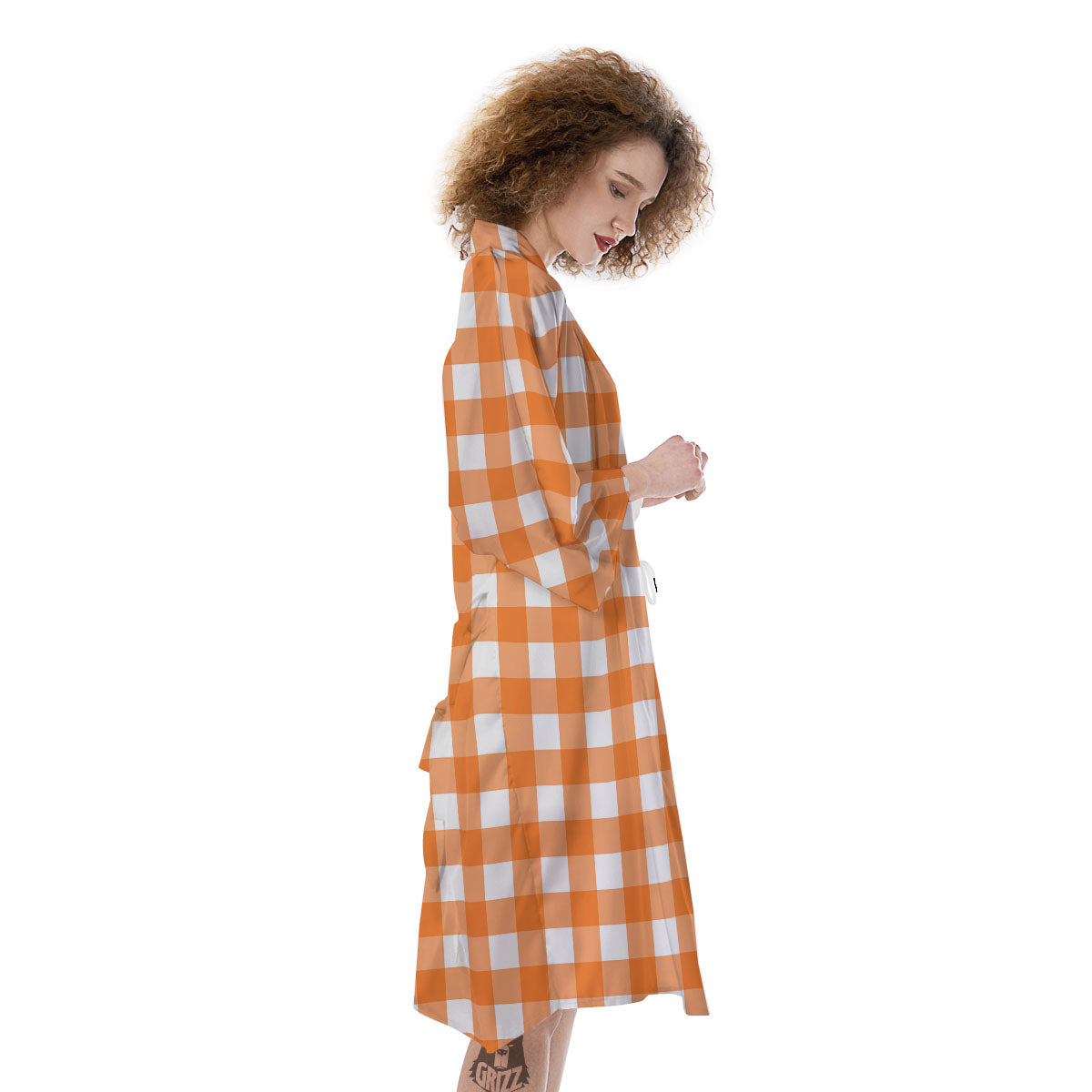 Gingham White And Orange Print Pattern Kimono-grizzshop