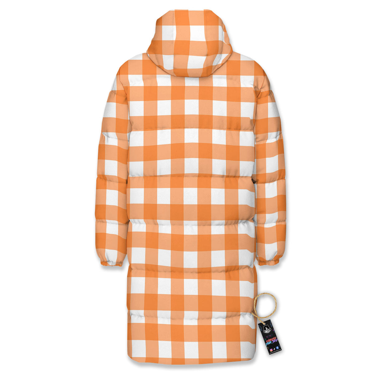 Gingham White And Orange Print Pattern Long Down Jacket-grizzshop