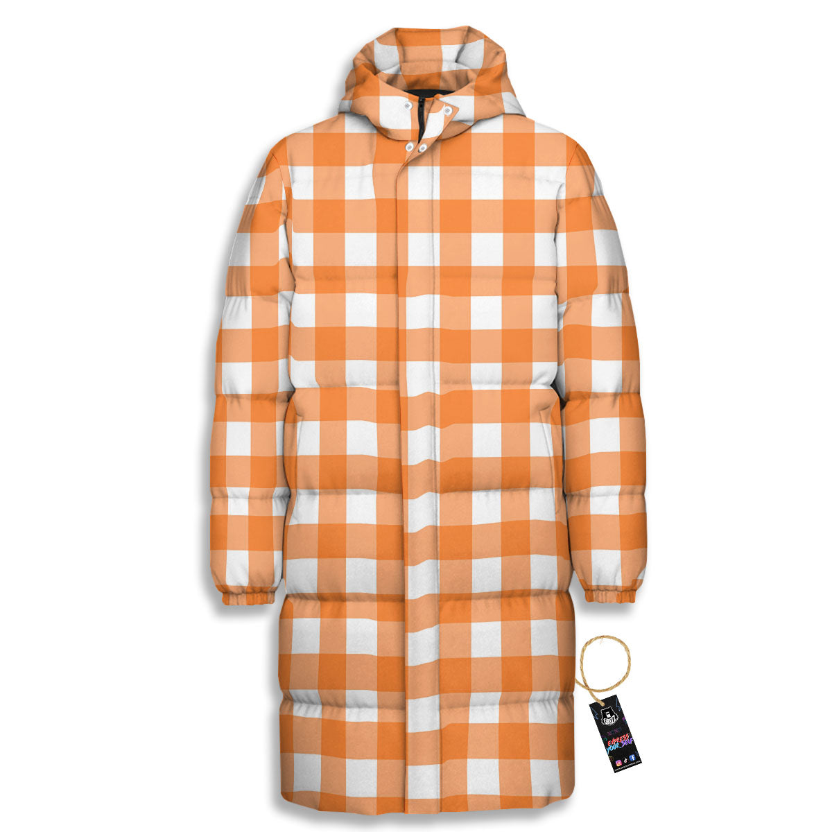 Gingham White And Orange Print Pattern Long Down Jacket-grizzshop