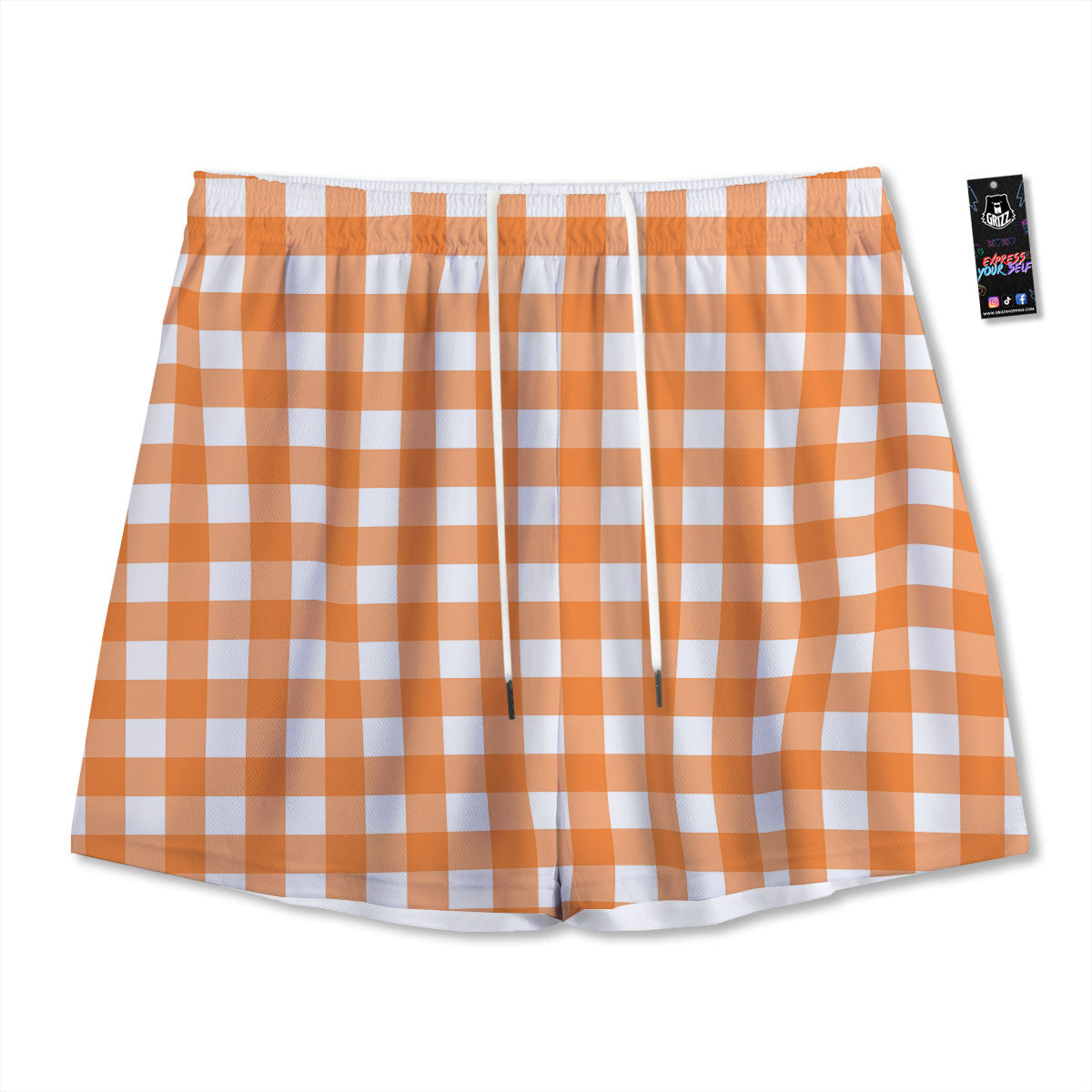 Gingham White And Orange Print Pattern Mesh Shorts