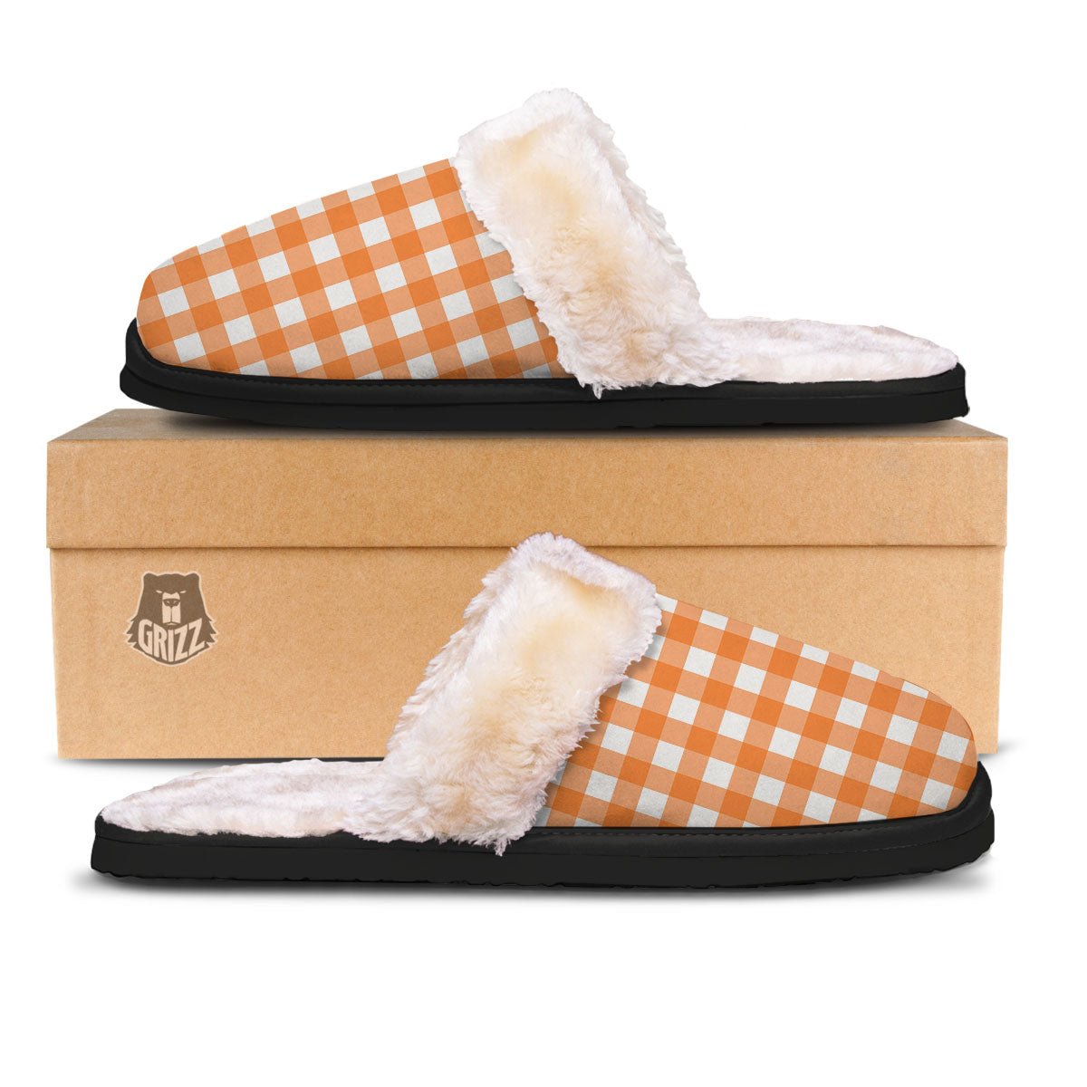 Gingham White And Orange Print Pattern Slippers-grizzshop