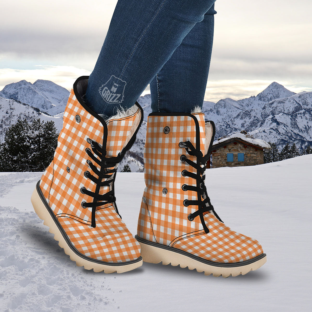 Gingham White And Orange Print Pattern Snow Boots-grizzshop