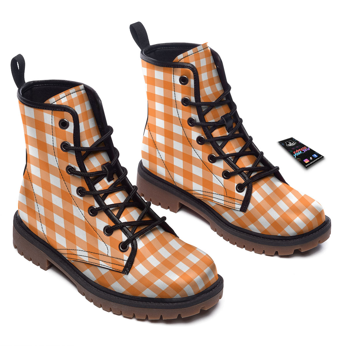 Gingham White And Orange Print Pattern Work Boots-grizzshop