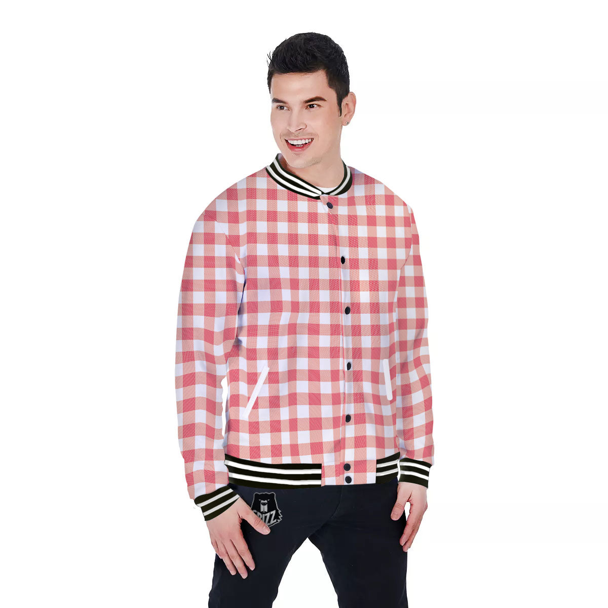 Gingham White And Pink Print Pattern Baseball Jacket-grizzshop