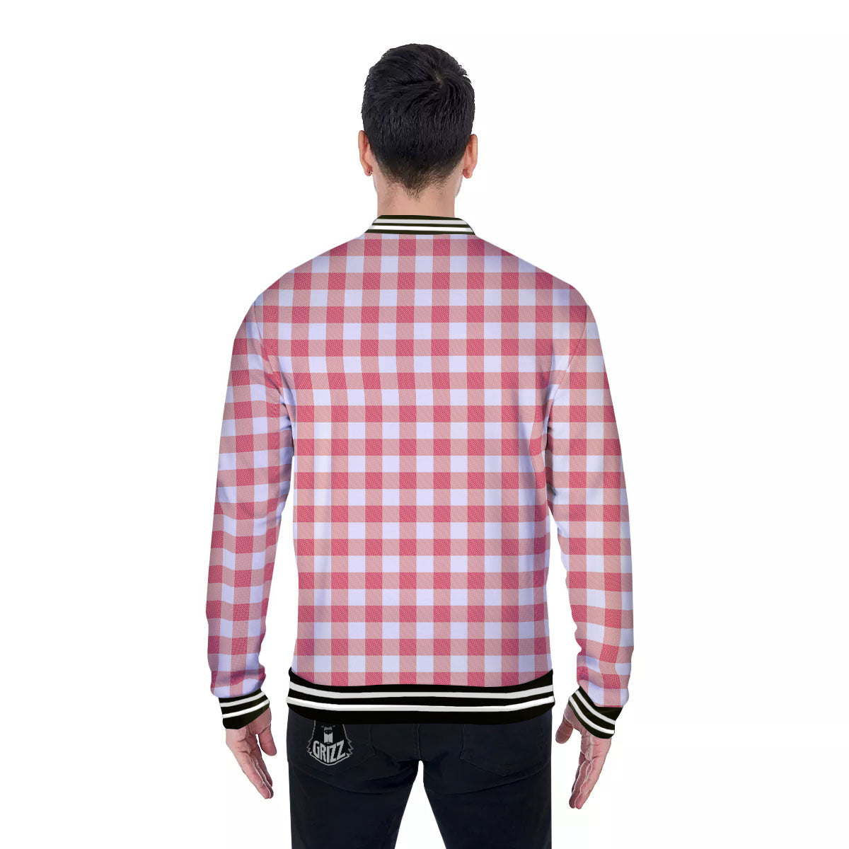 Gingham White And Pink Print Pattern Baseball Jacket-grizzshop