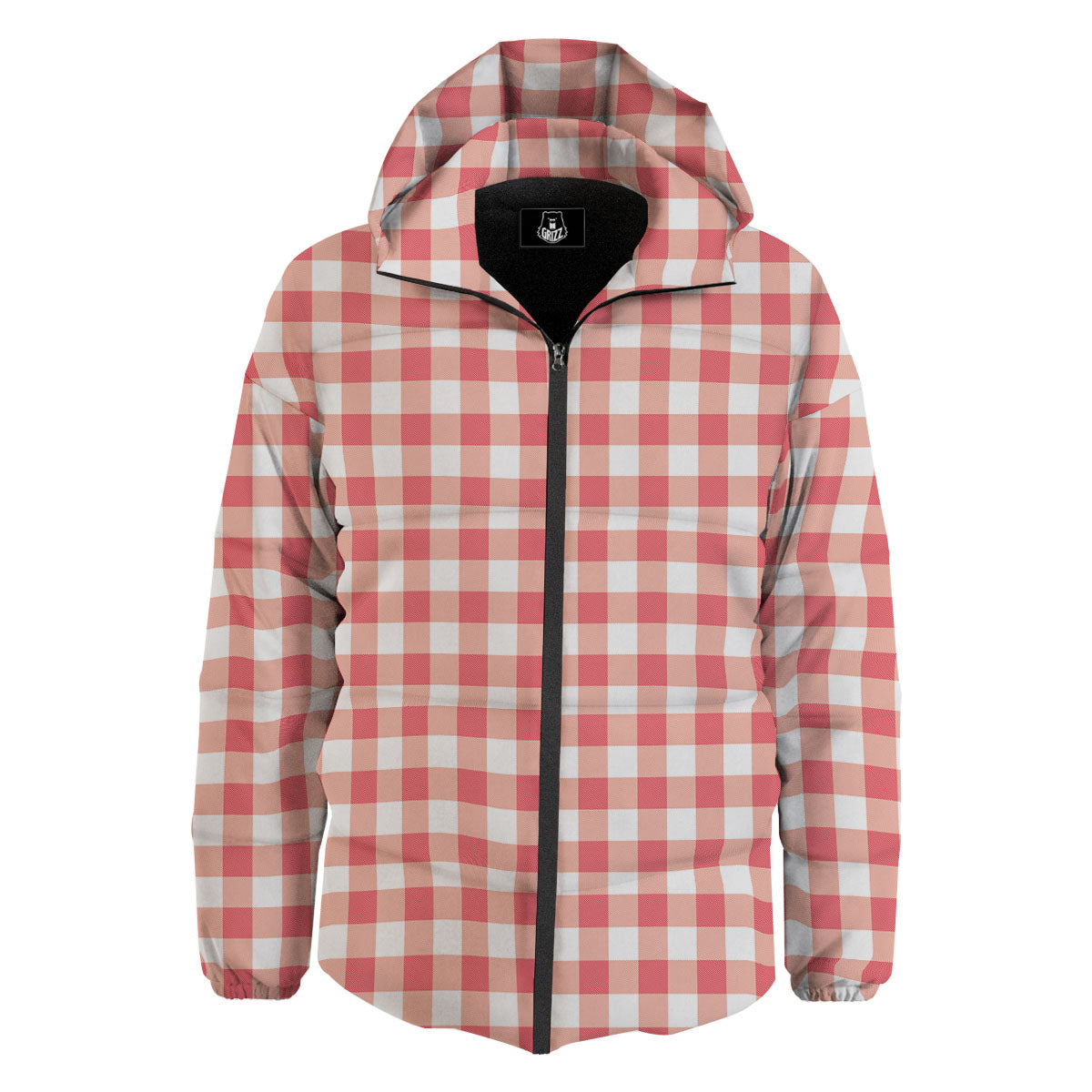 Gingham White And Pink Print Pattern Down Jacket-grizzshop