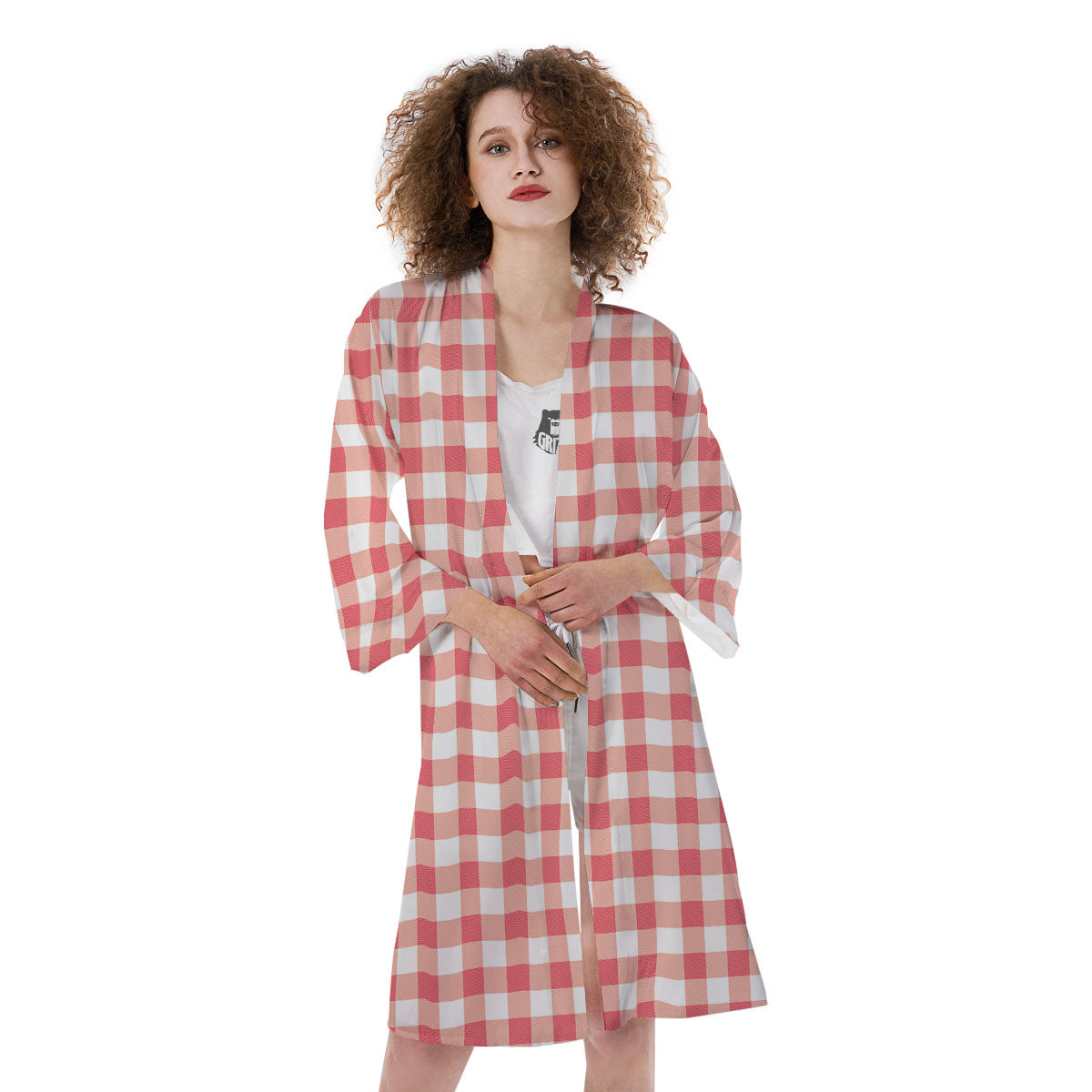 Gingham White And Pink Print Pattern Kimono-grizzshop