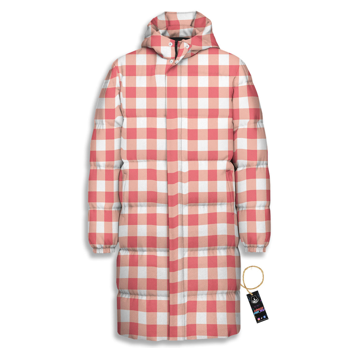 Gingham White And Pink Print Pattern Long Down Jacket-grizzshop