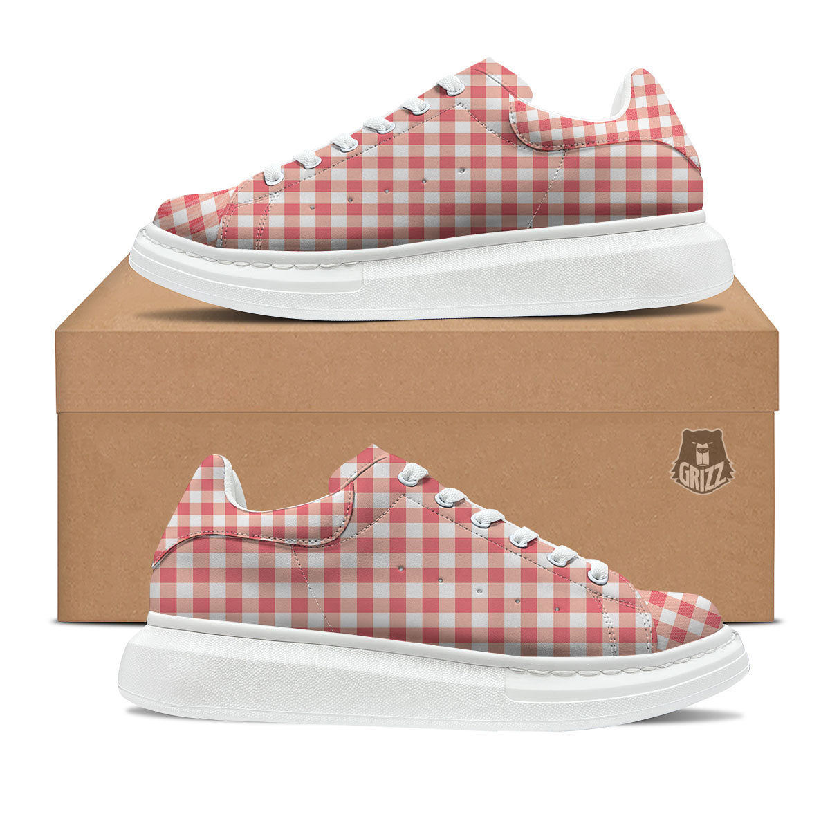 Gingham White And Pink Print Pattern Platform Shoes-grizzshop