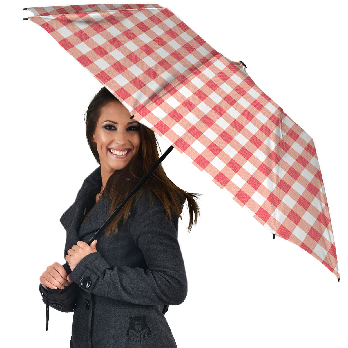 Gingham White And Pink Print Pattern Umbrella-grizzshop