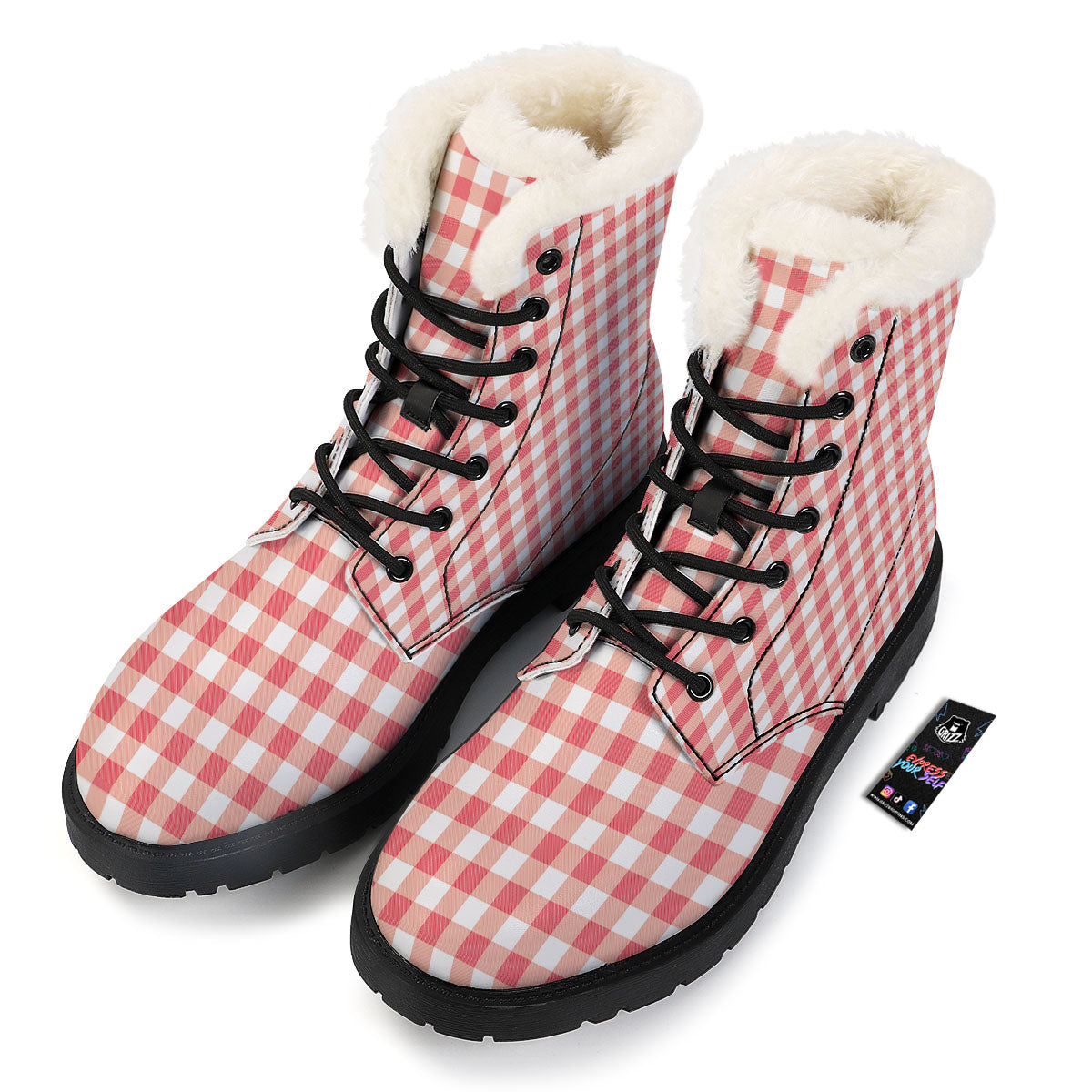 Gingham White And Pink Print Pattern Winter Boots-grizzshop