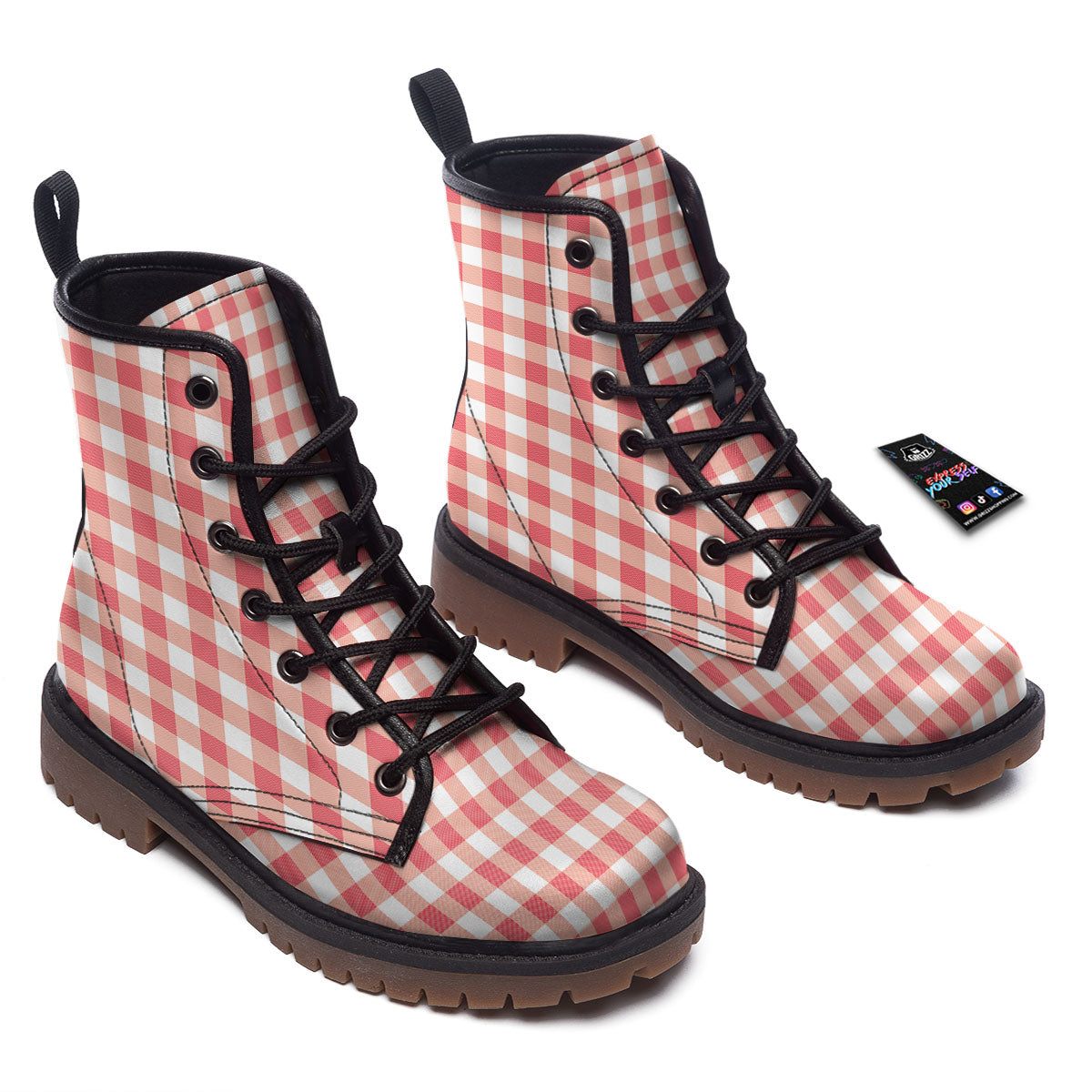 Gingham White And Pink Print Pattern Work Boots-grizzshop