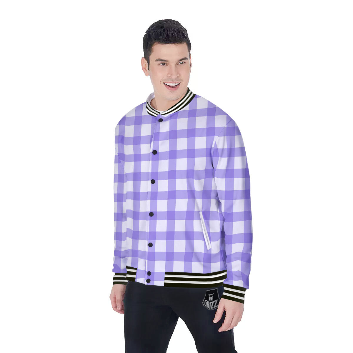 Gingham White And Purple Print Pattern Baseball Jacket-grizzshop