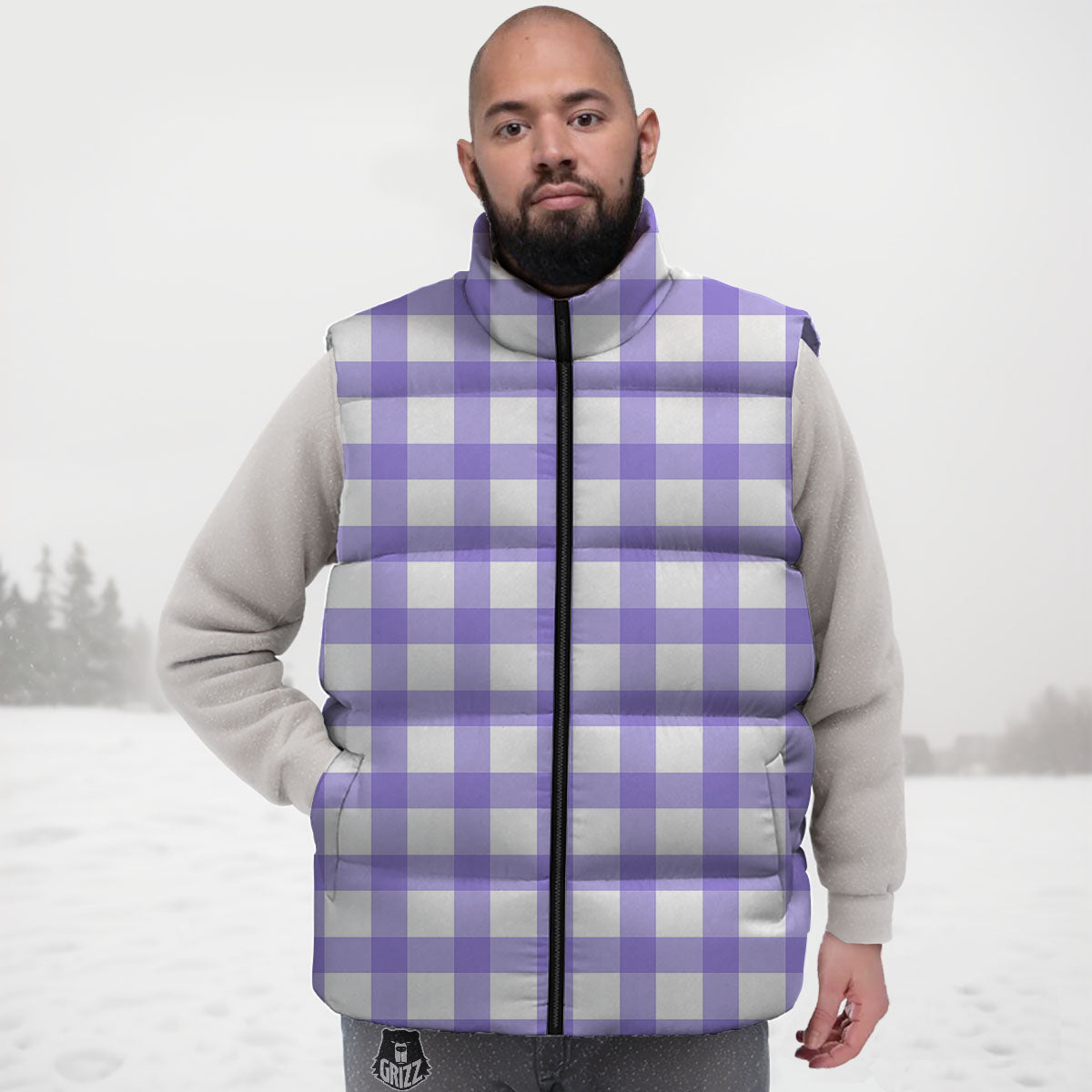 Gingham White And Purple Print Pattern Down Vest-grizzshop