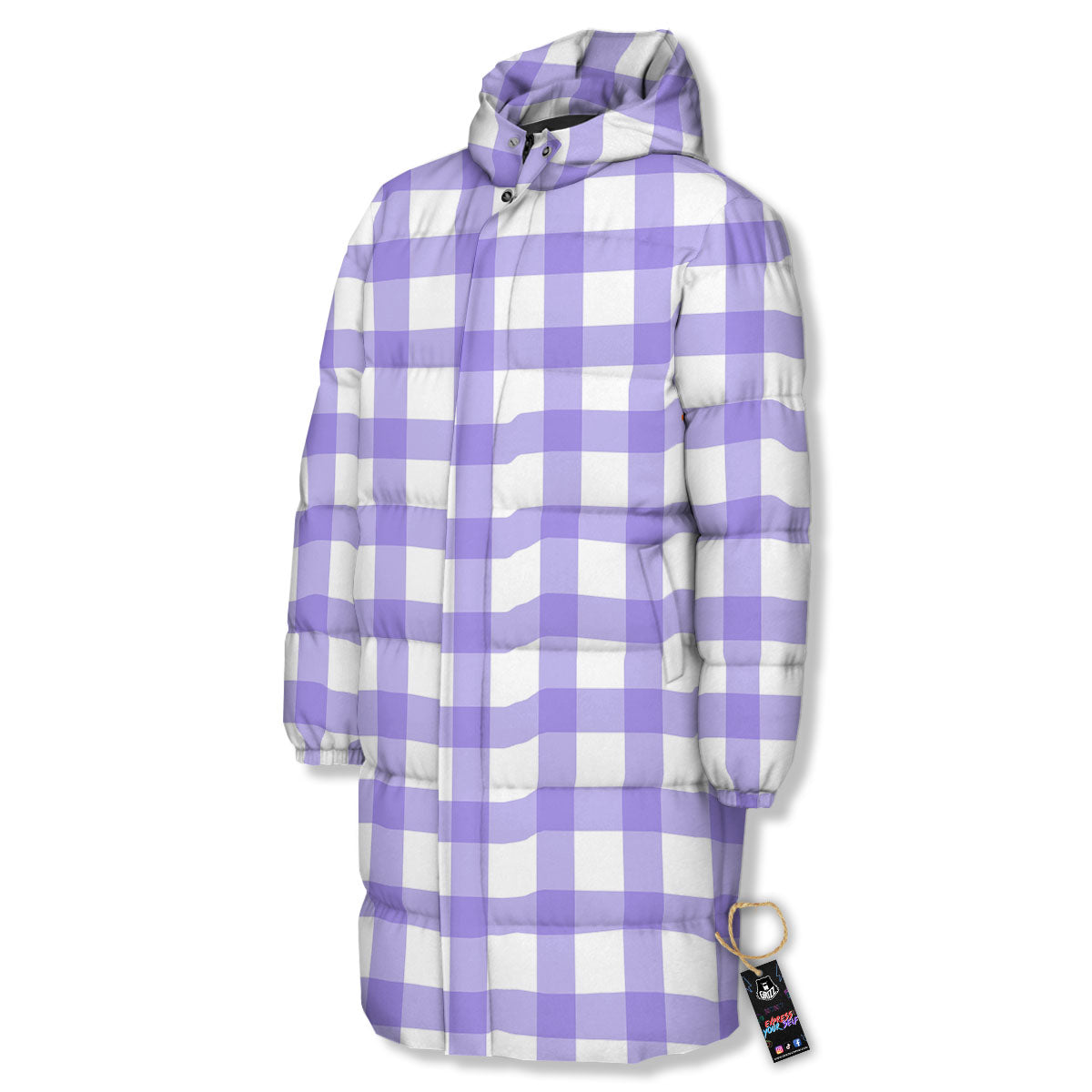 Gingham White And Purple Print Pattern Long Down Jacket-grizzshop