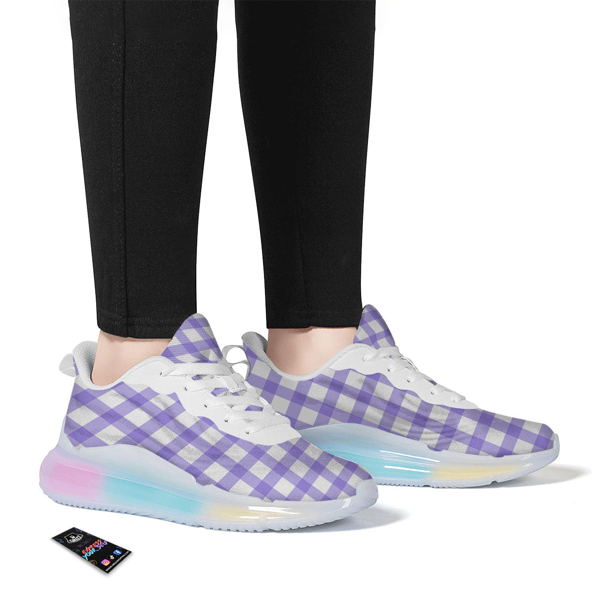 Gingham White And Purple Print Pattern Running Sneakers-grizzshop