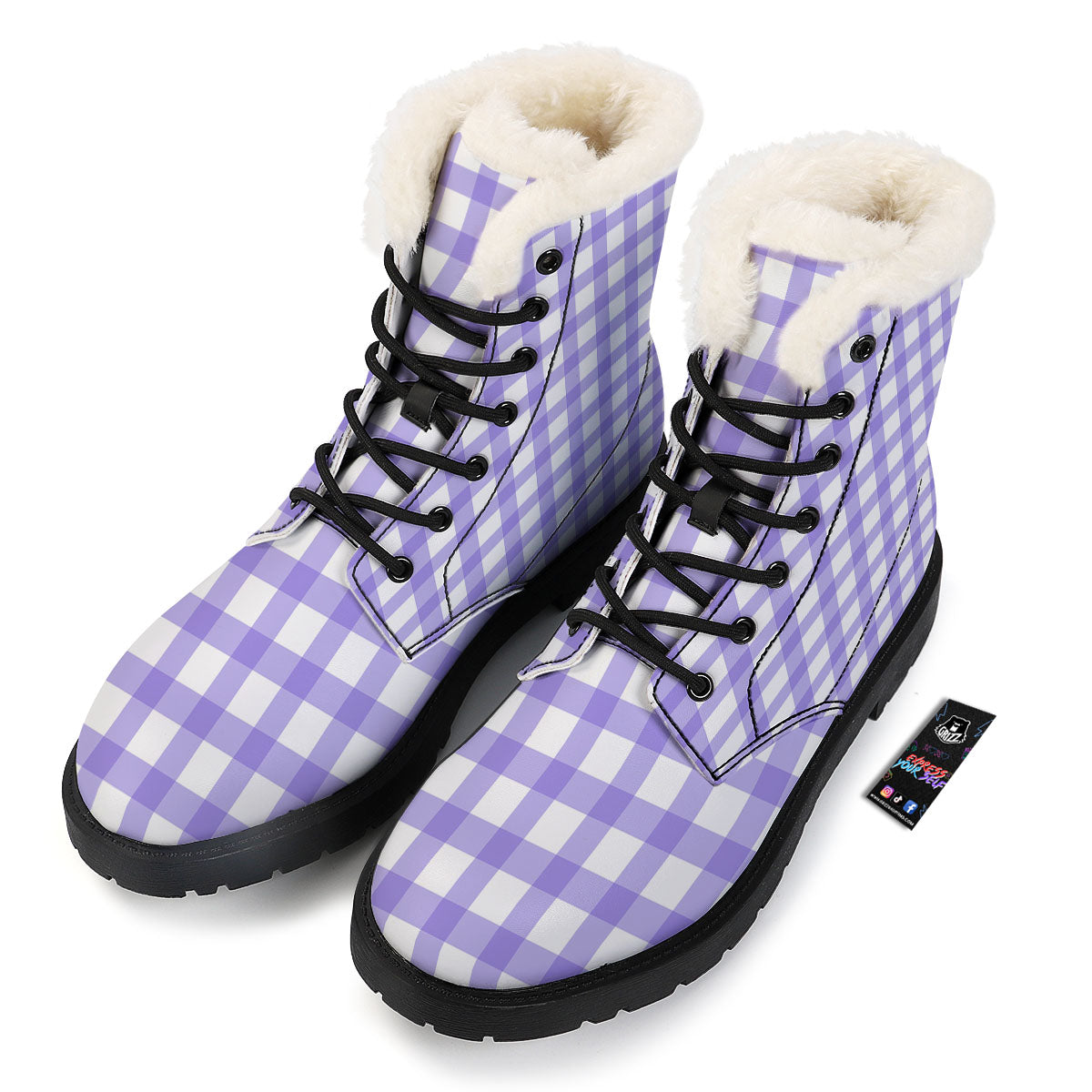 Gingham White And Purple Print Pattern Winter Boots-grizzshop