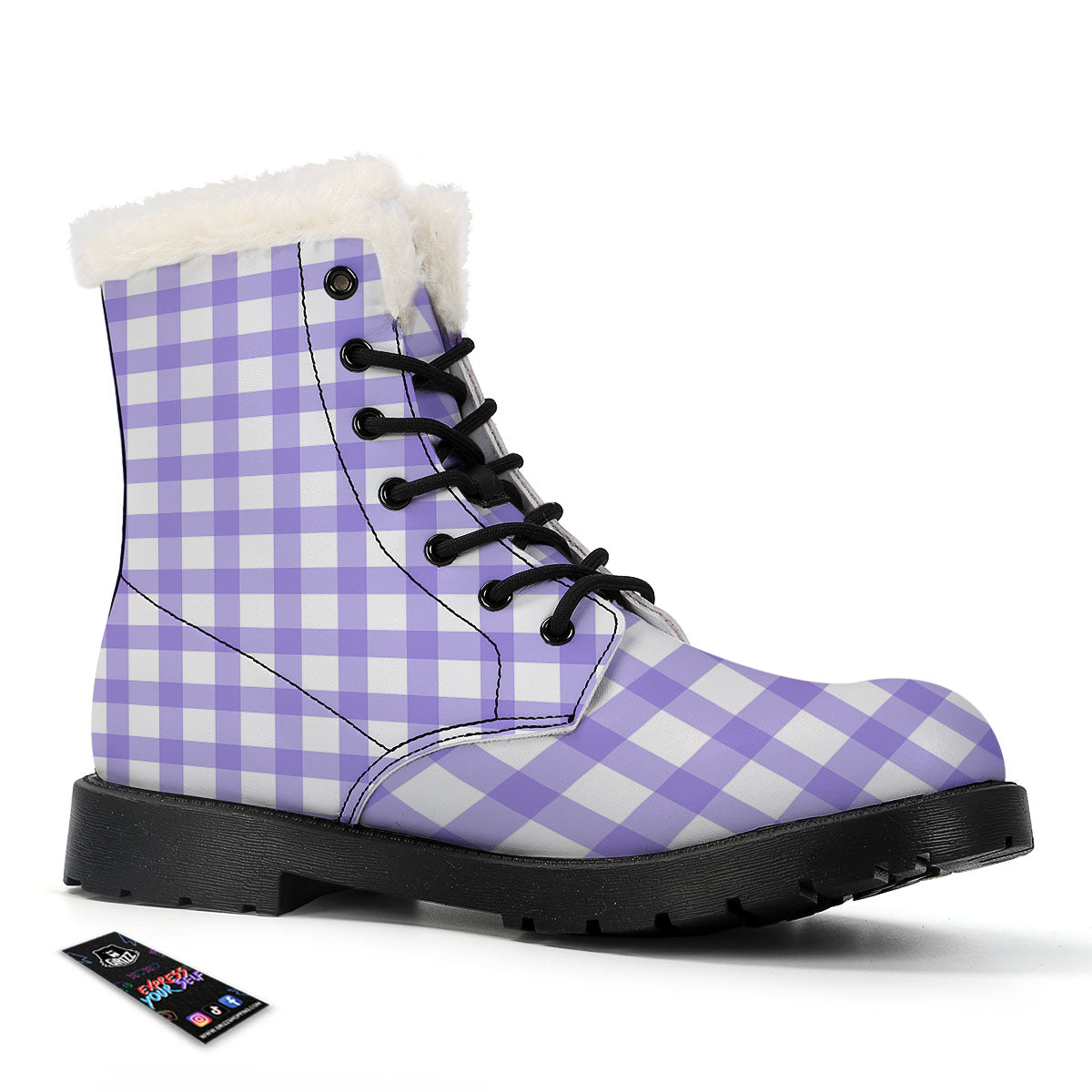 Gingham White And Purple Print Pattern Winter Boots-grizzshop