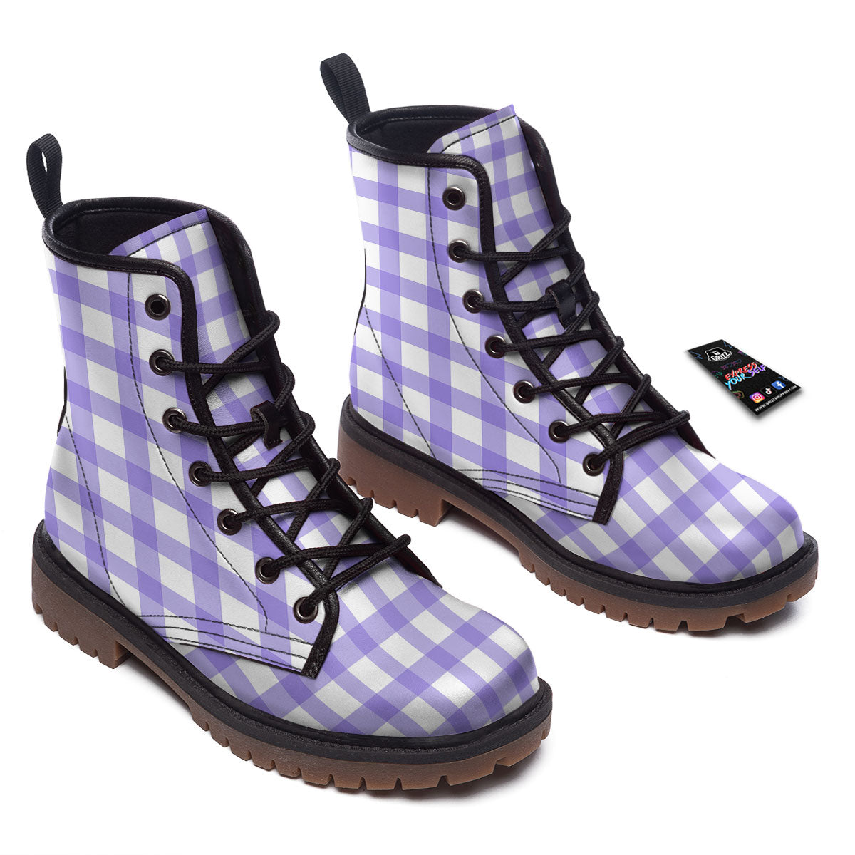 Gingham White And Purple Print Pattern Work Boots-grizzshop