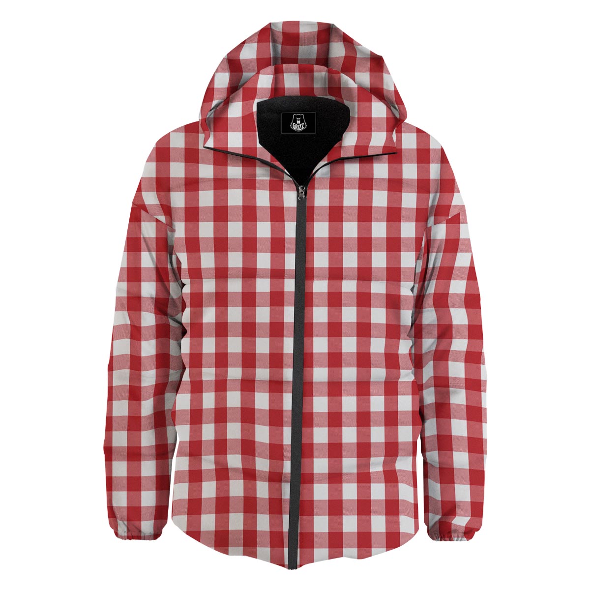 Gingham White And Red Print Pattern Down Jacket-grizzshop