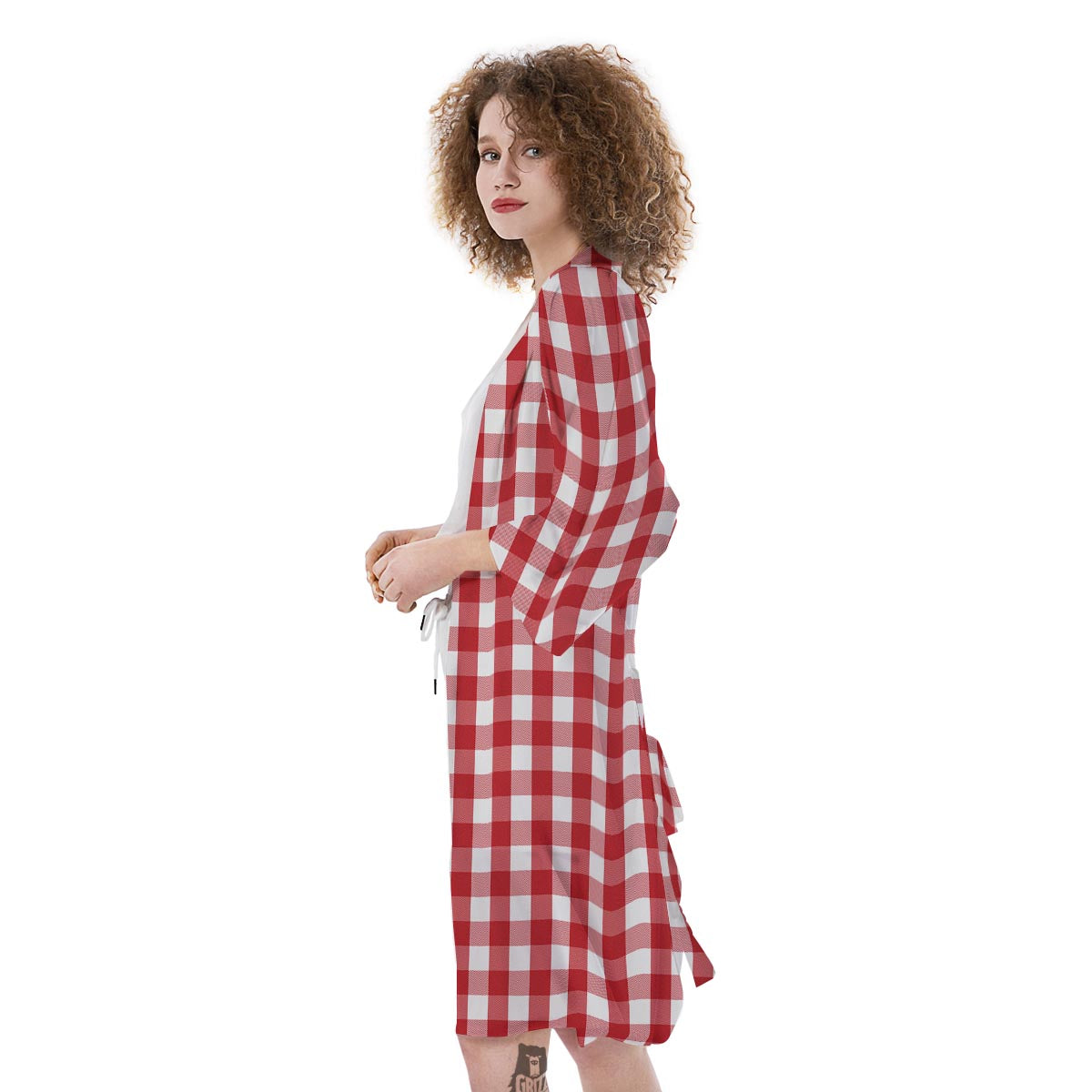 Gingham White And Red Print Pattern Kimono-grizzshop