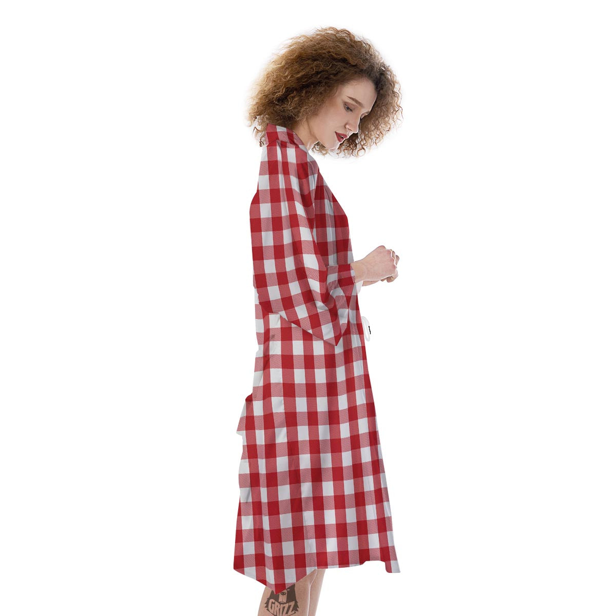 Gingham White And Red Print Pattern Kimono-grizzshop
