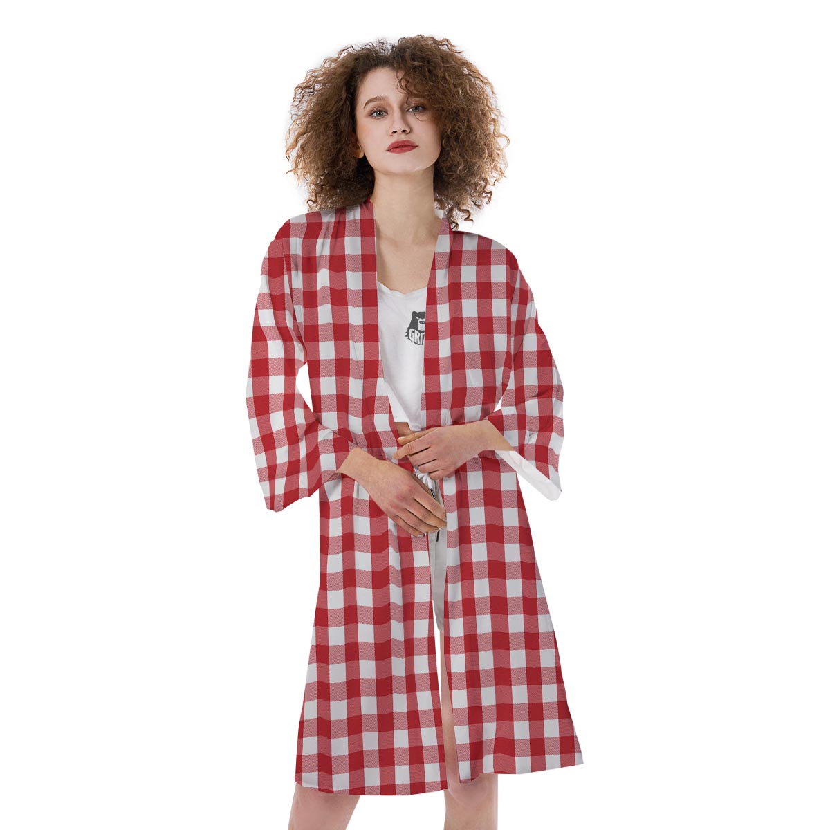 Gingham White And Red Print Pattern Kimono-grizzshop