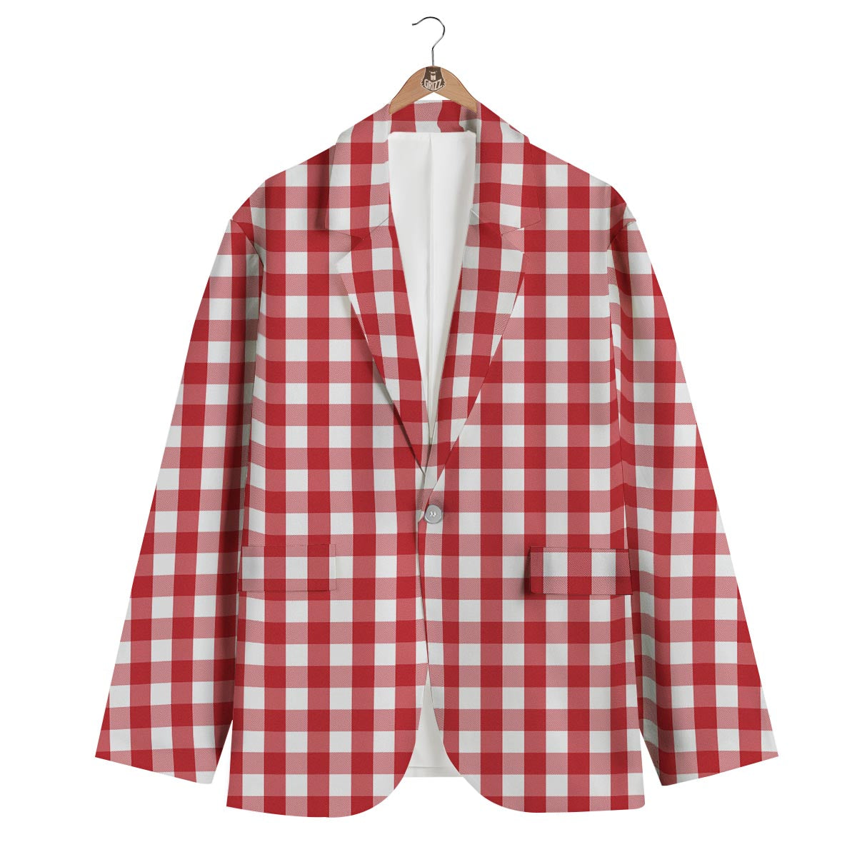 Gingham White And Red Print Pattern Men's Blazer-grizzshop