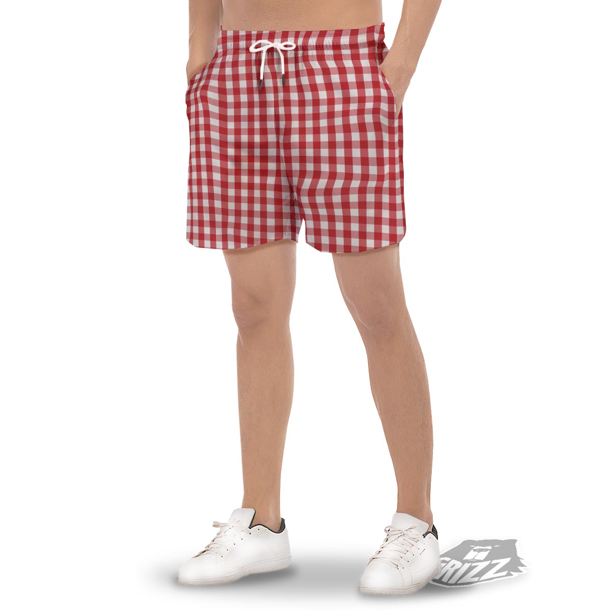 Gingham White And Red Print Pattern Men's Gym Shorts-grizzshop