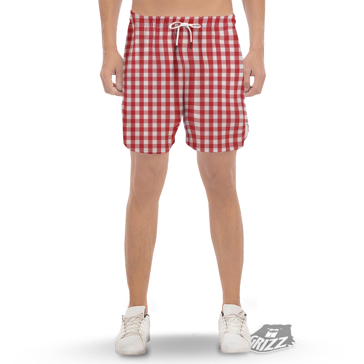 Gingham White And Red Print Pattern Men's Gym Shorts-grizzshop