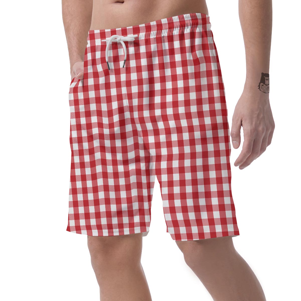 Gingham White And Red Print Pattern Men's Shorts-grizzshop